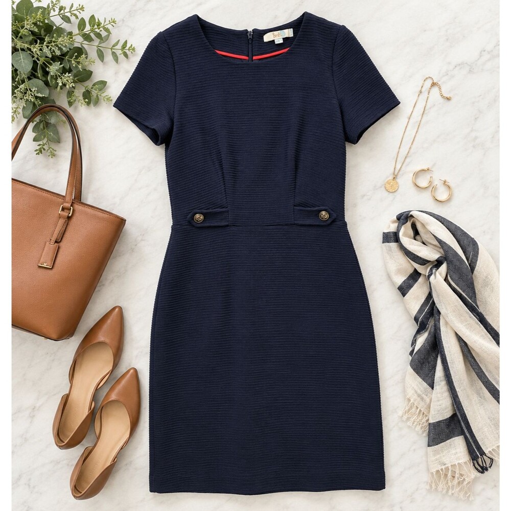 Boden Navy Blue Textured Shift Dress Short Sleeve Gold Button Detail US 8